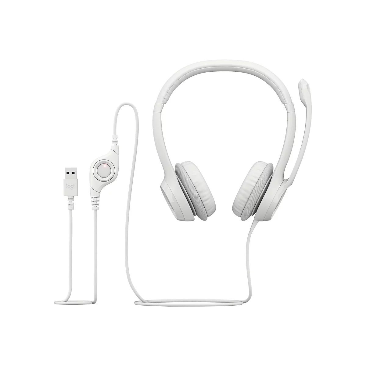 Weißes Headset mit Bügel, Ohrmuscheln und Mikrofon. Kabel mit Steuereinheit und USB-Anschluss, Logi-Logo.