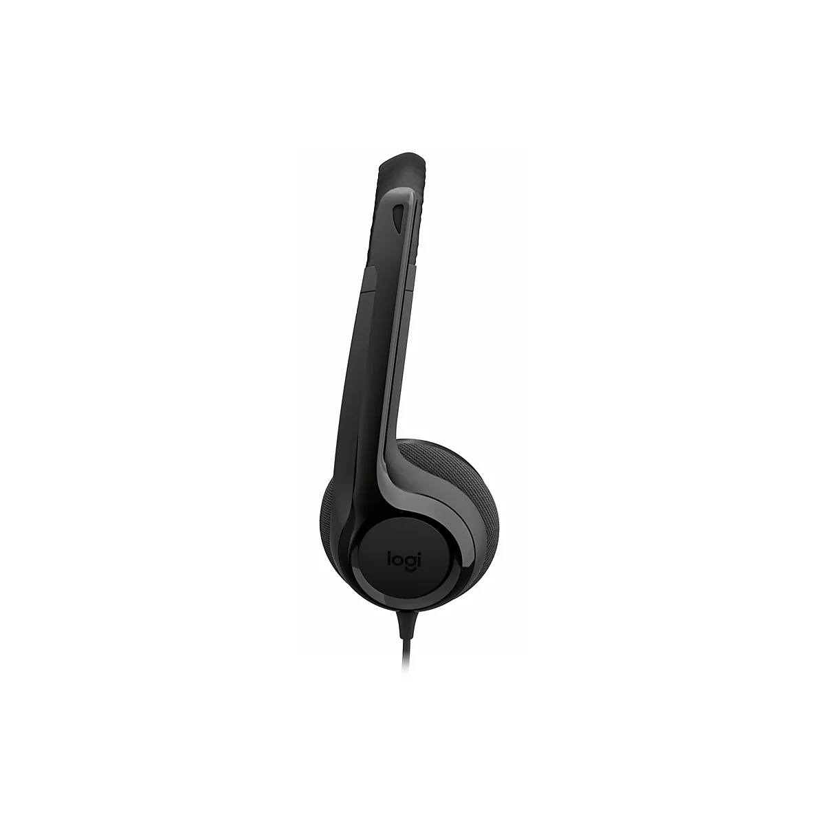 Schwarzes Logitech-Headset; Ohrmuschel, Bügel und Kabel. Auf weißem Hintergrund.