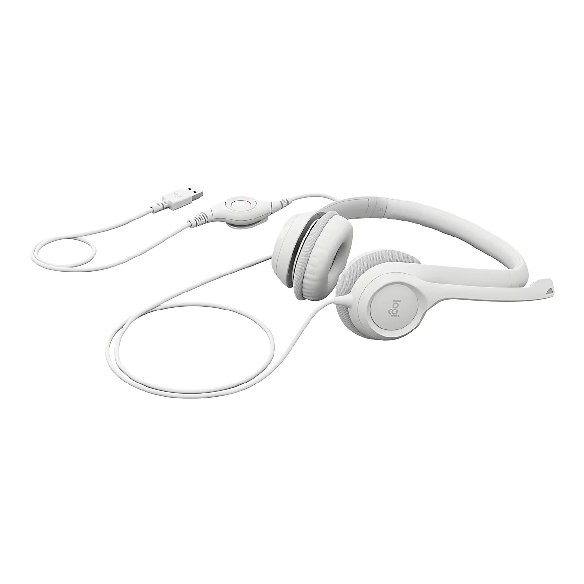 Weißes Headset mit Mikrofon und USB-Kabel, freigestellt auf weißem Hintergrund.