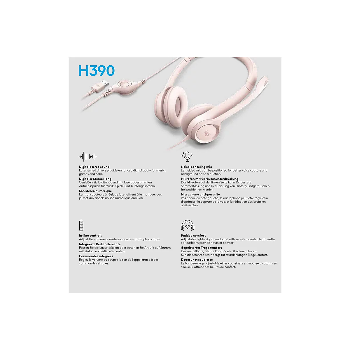 Logitech H390 - Headset - On-Ear - kabelgebunden - USB-A - rosé