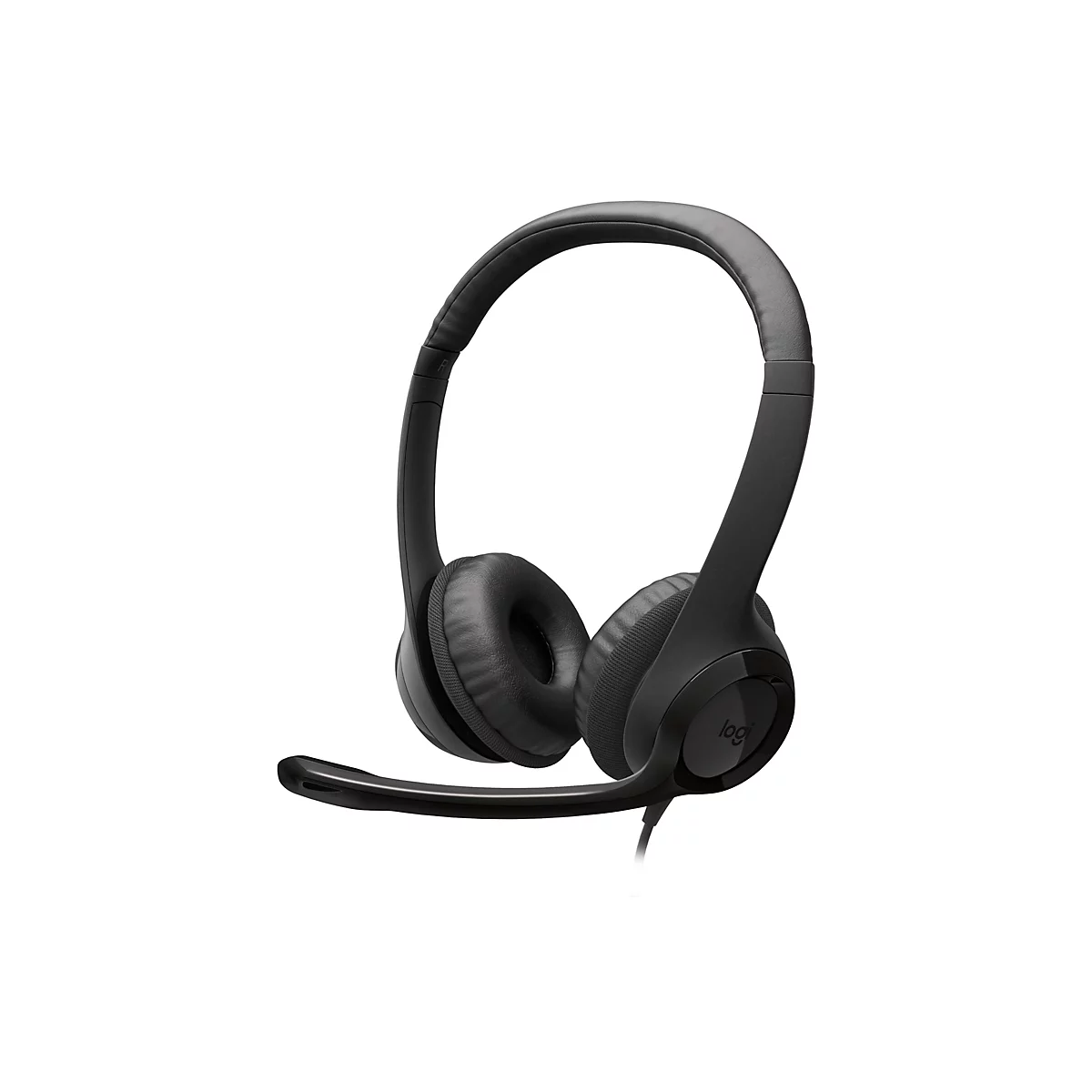 Schwarzes Headset, Detailansicht auf weißem Hintergrund. Bügel und Ohrmuscheln sind erkennbar. Mikrofonarm ragt nach unten.