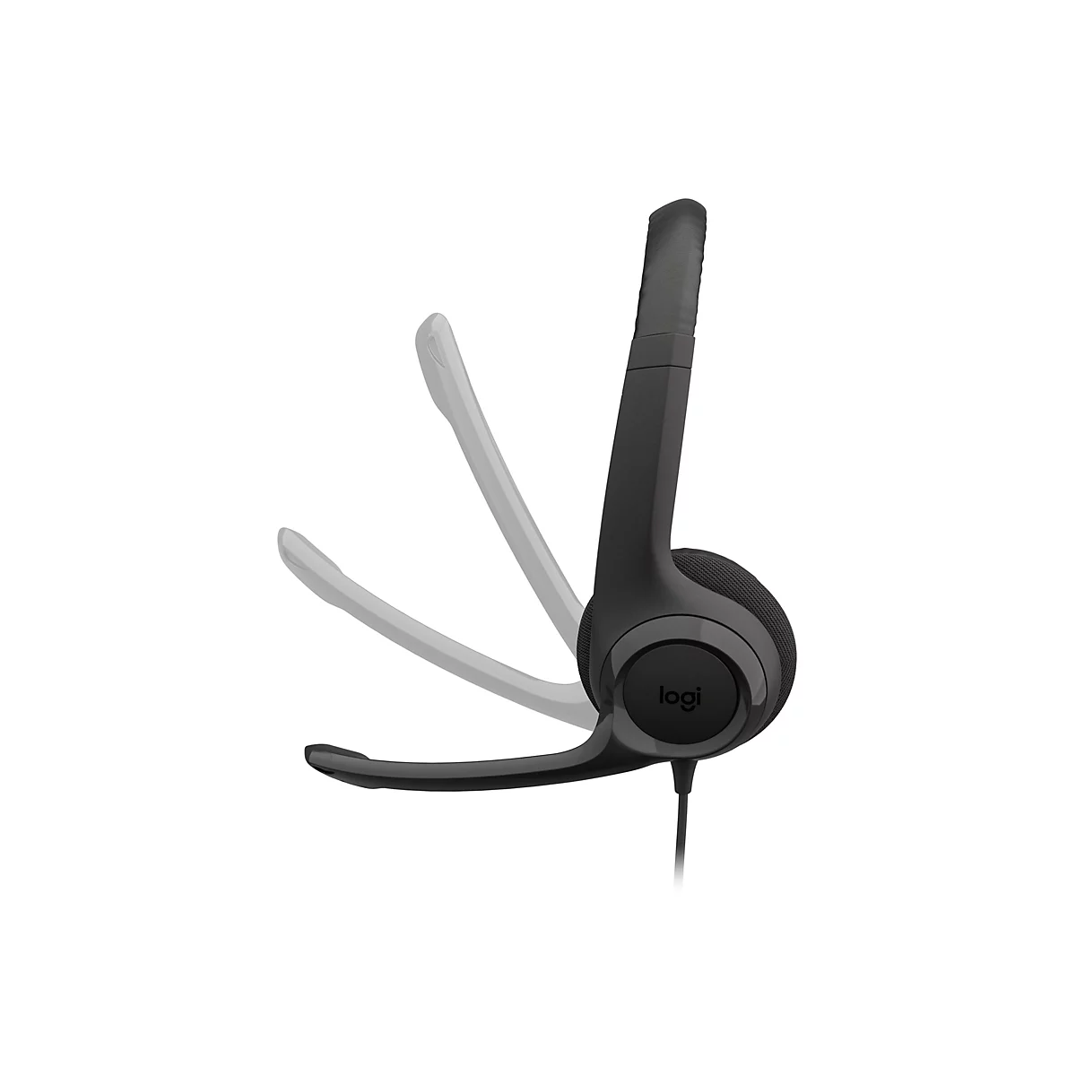 Ein schwarzes Headset mit einem verstellbaren Mikrofon, das im Bild in drei Positionen dargestellt ist, mit dem Logi-Logo.