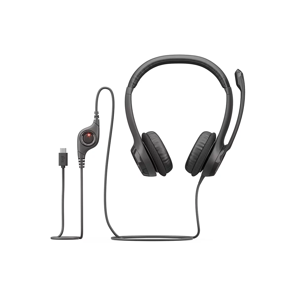 Dunkelgraues Headset mit Bügel und Mikrofon, Kabel mit Steuerung und USB-Anschluss. Auf weißem Hintergrund.
