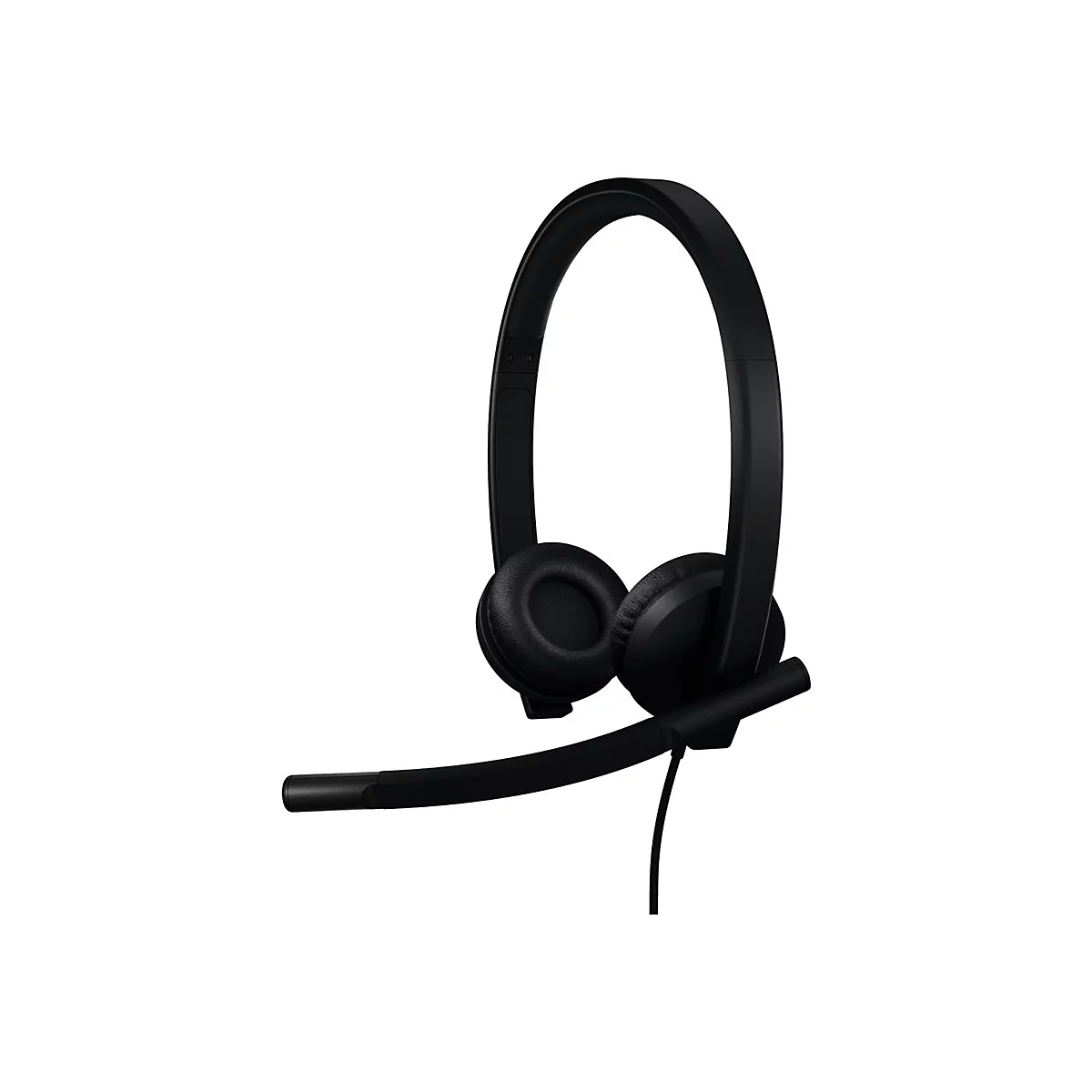 Schwarzes Headset mit Mikrofon auf weißem Hintergrund.