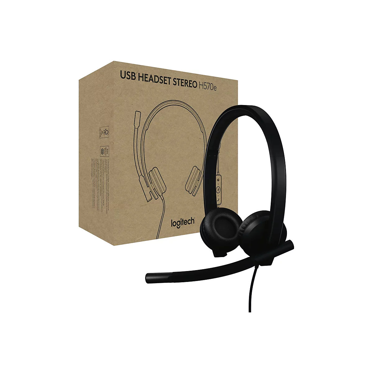 Schwarzes Logitech USB-Stereo-Headset mit Kartonverpackung. Auf dem Karton steht "USB HEADSET STEREO H570e".