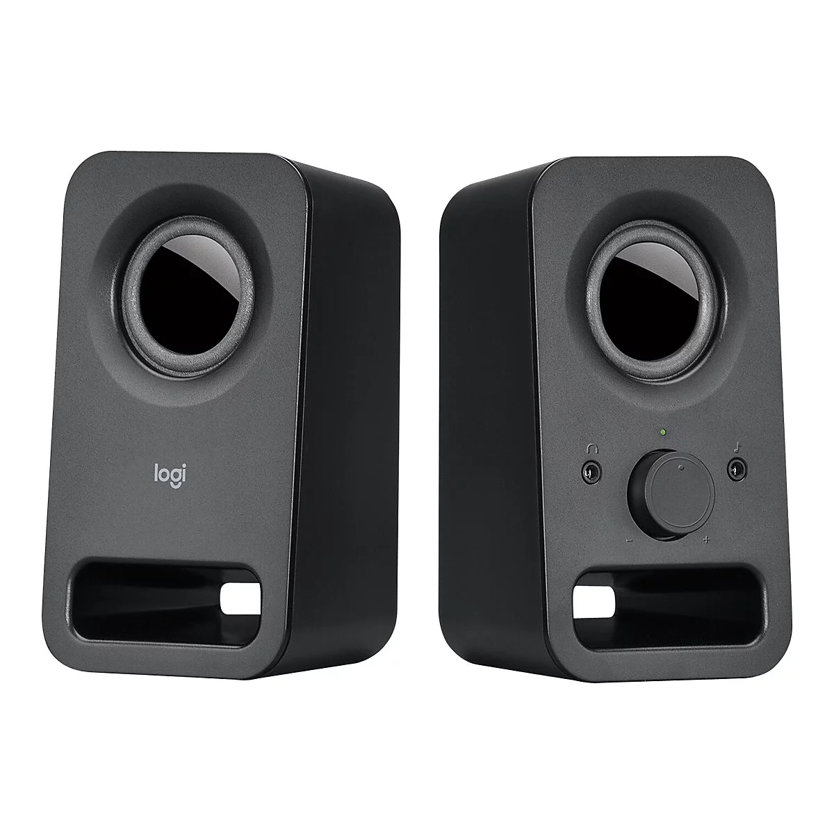 Deux haut-parleurs Logitech noirs avec un haut-parleur de basses rond et un bouton de contrôle du volume.