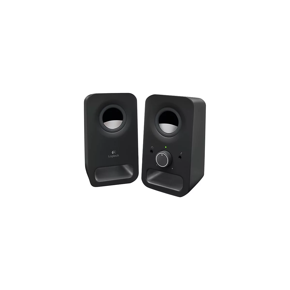 Deux haut-parleurs noirs côte à côte, avec contrôle du volume et logo Logitech.