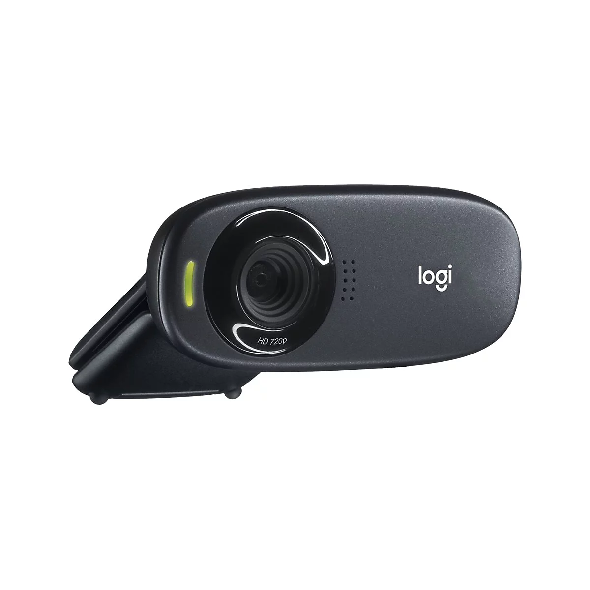 Schwarze Webcam mit Logi-Logo. Die Linse ist von einem silbernen Kreis umgeben. Rechts steht HD 720p.