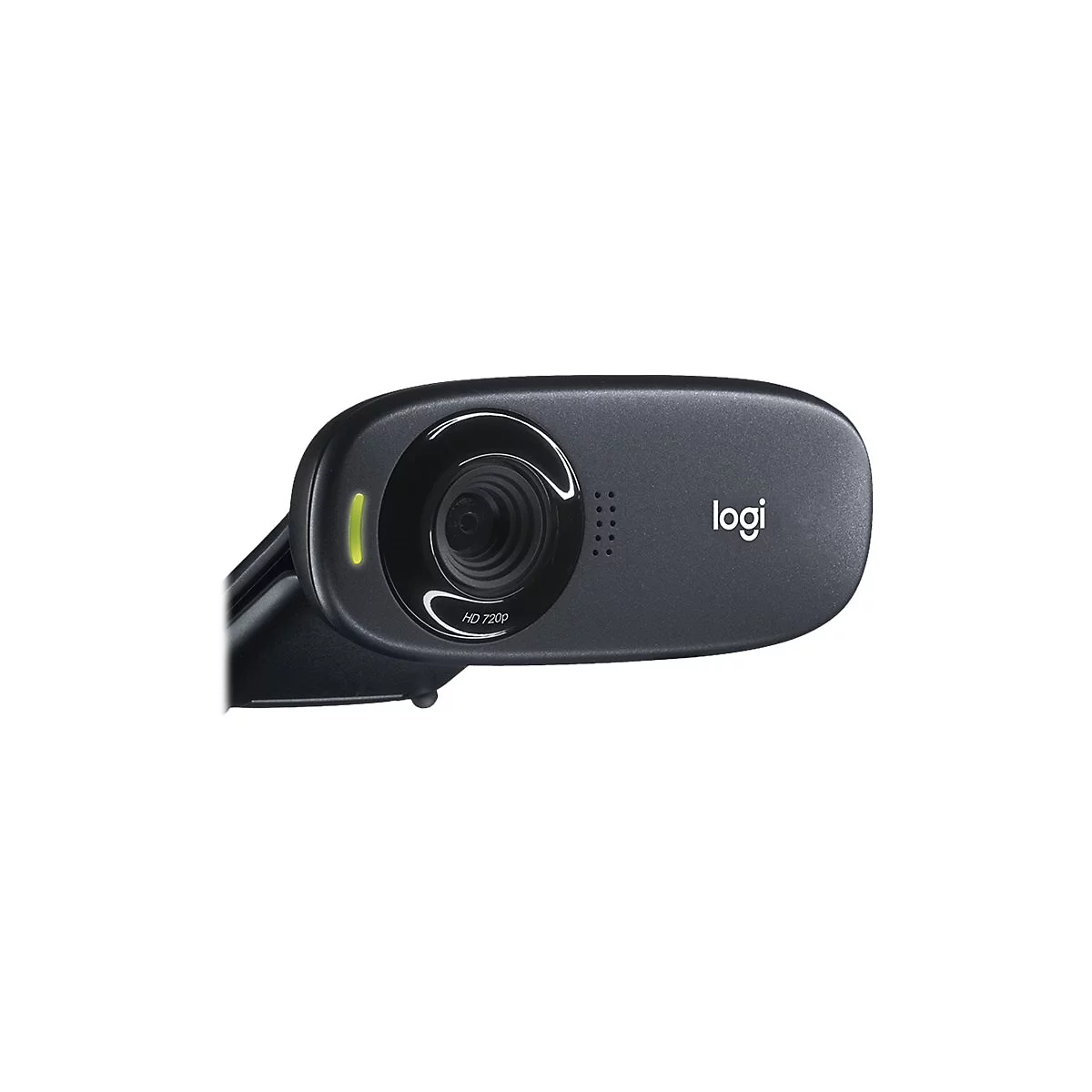 Schwarze Webcam mit Objektiv, Kontrollleuchte und Logi-Schriftzug.