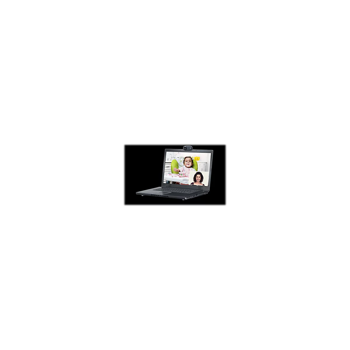 Laptop mit Webcam. Auf dem Bildschirm ein Baby im Hochstuhl und eine Frau im Videochat. Der Hintergrund ist schwarz.