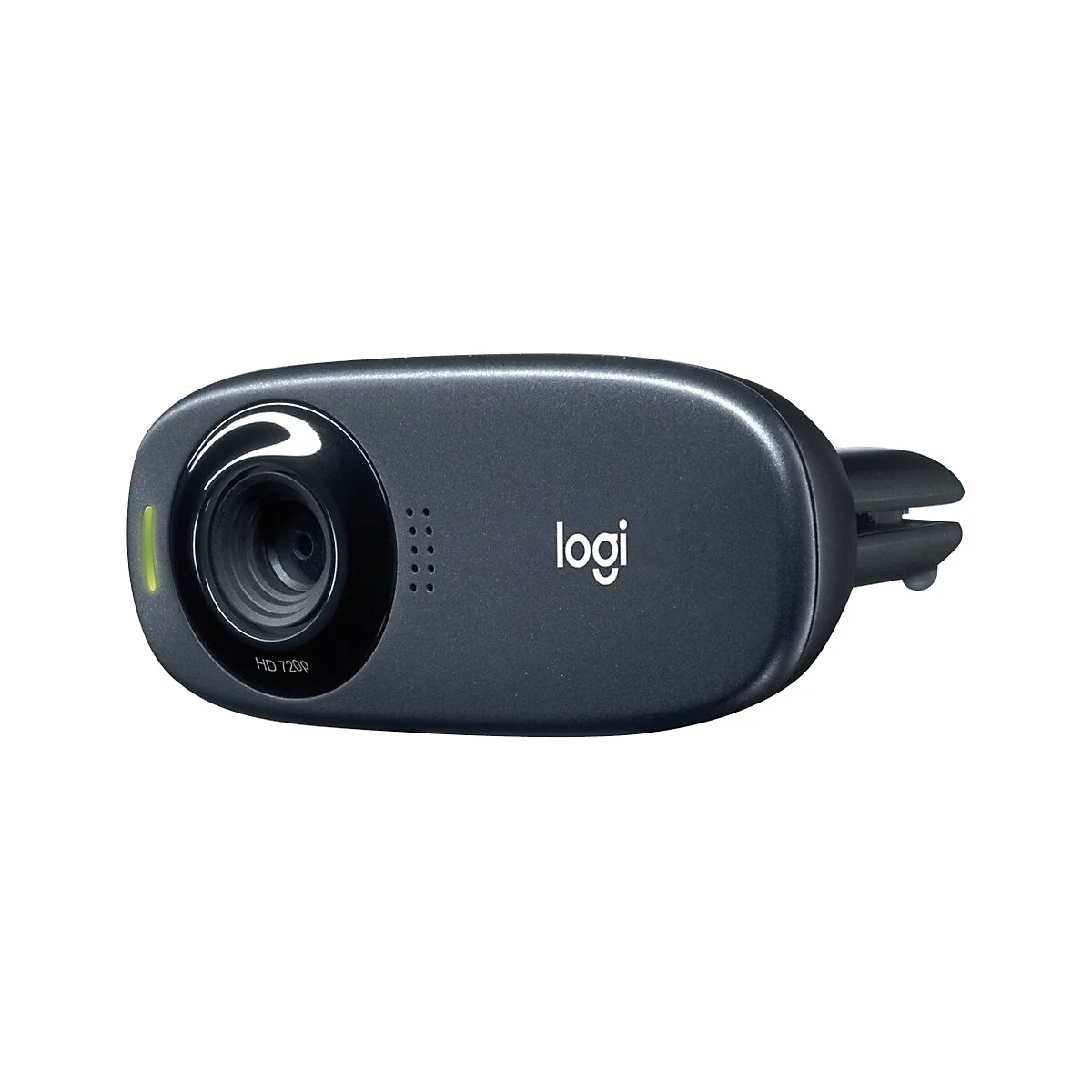 Dunkelgraue Logitech Webcam mit Linse, MikrofonlÃ¶chern und Logo. Die Kamera ist an einem Halter montiert.