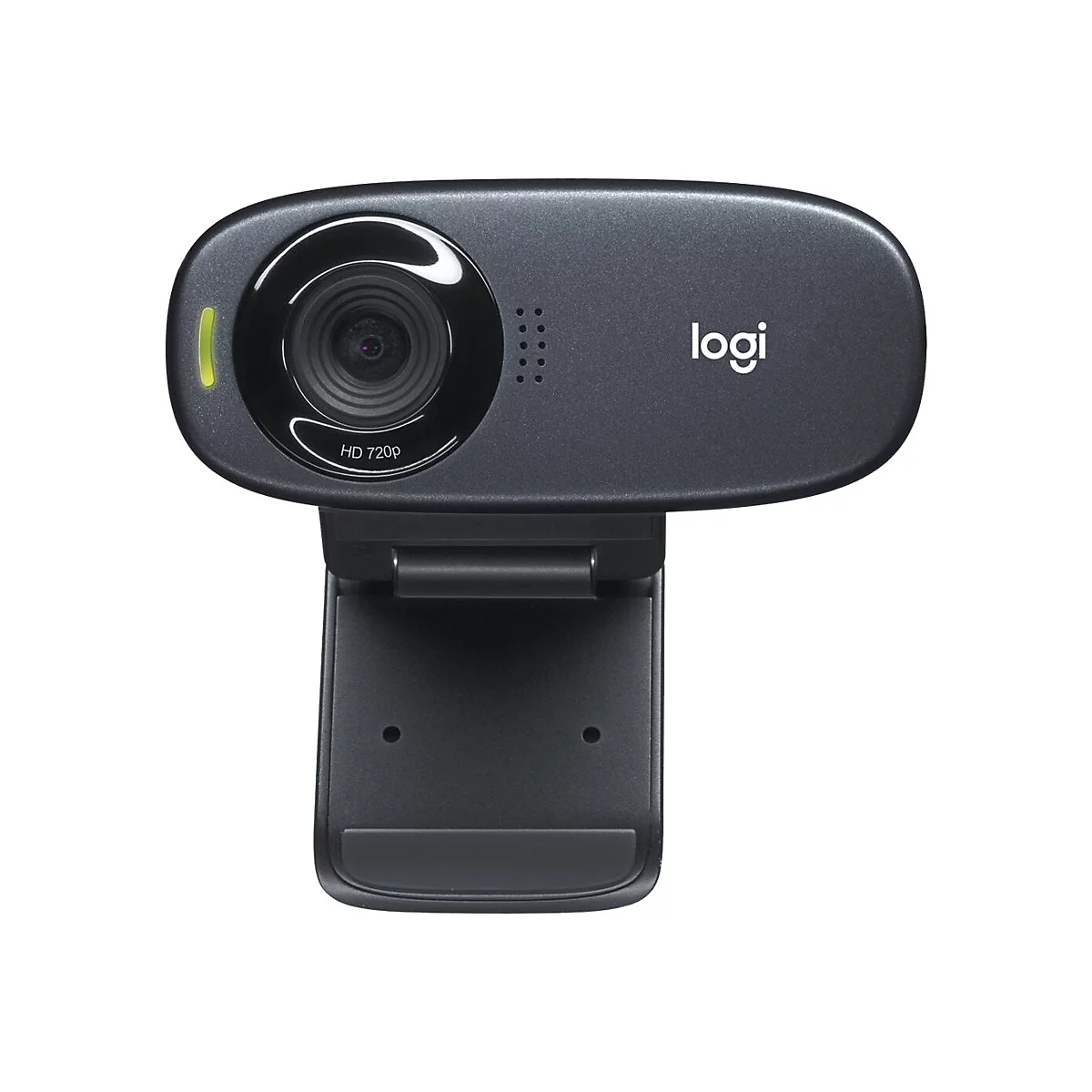 Schwarze Logitech Webcam mit HD 720p Aufschrift, auf weiÃŸem Hintergrund. Die Kamera hat ein ovales GehÃ¤use und einen verstellbaren StÃ¤nder.