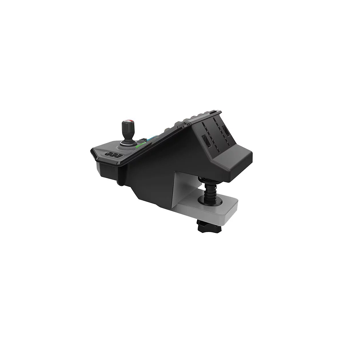 Schwarze Joystick-Steuerung mit rotem Knauf und grauer Halterung. Auf einer grauen Klammer befestigt.