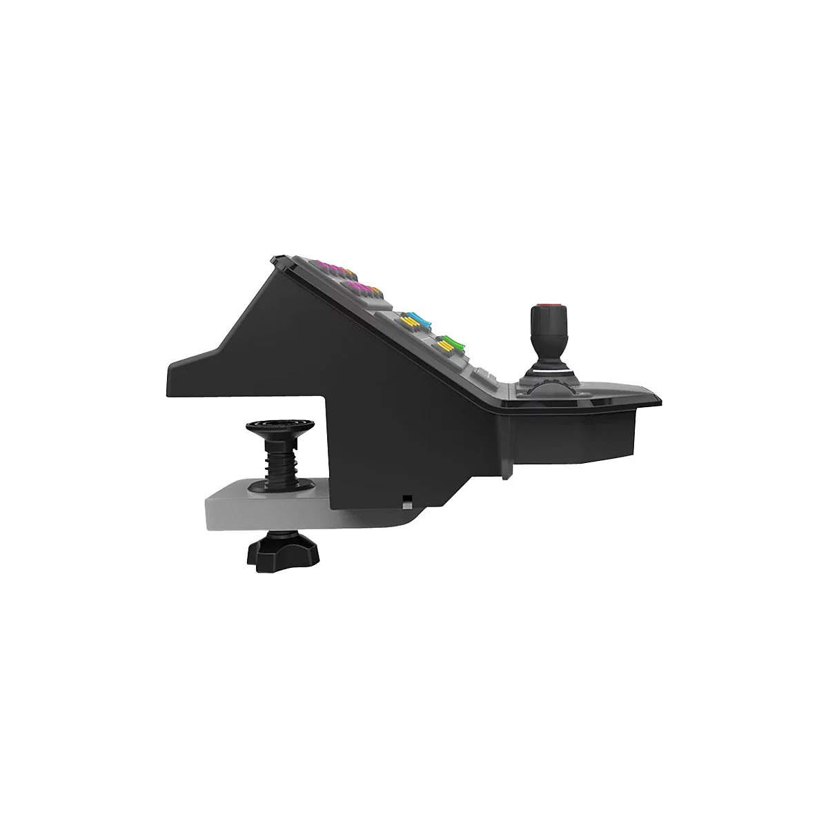 Schwarzer Steuerungs-Controller, der mit einer Klemme an einem Tisch befestigt ist. Mit farbigen Knöpfen und einem Joystick.