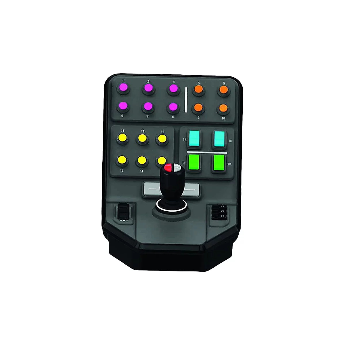 Schwarzes Steuerpult mit Knöpfen in verschiedenen Farben und einem Joystick.