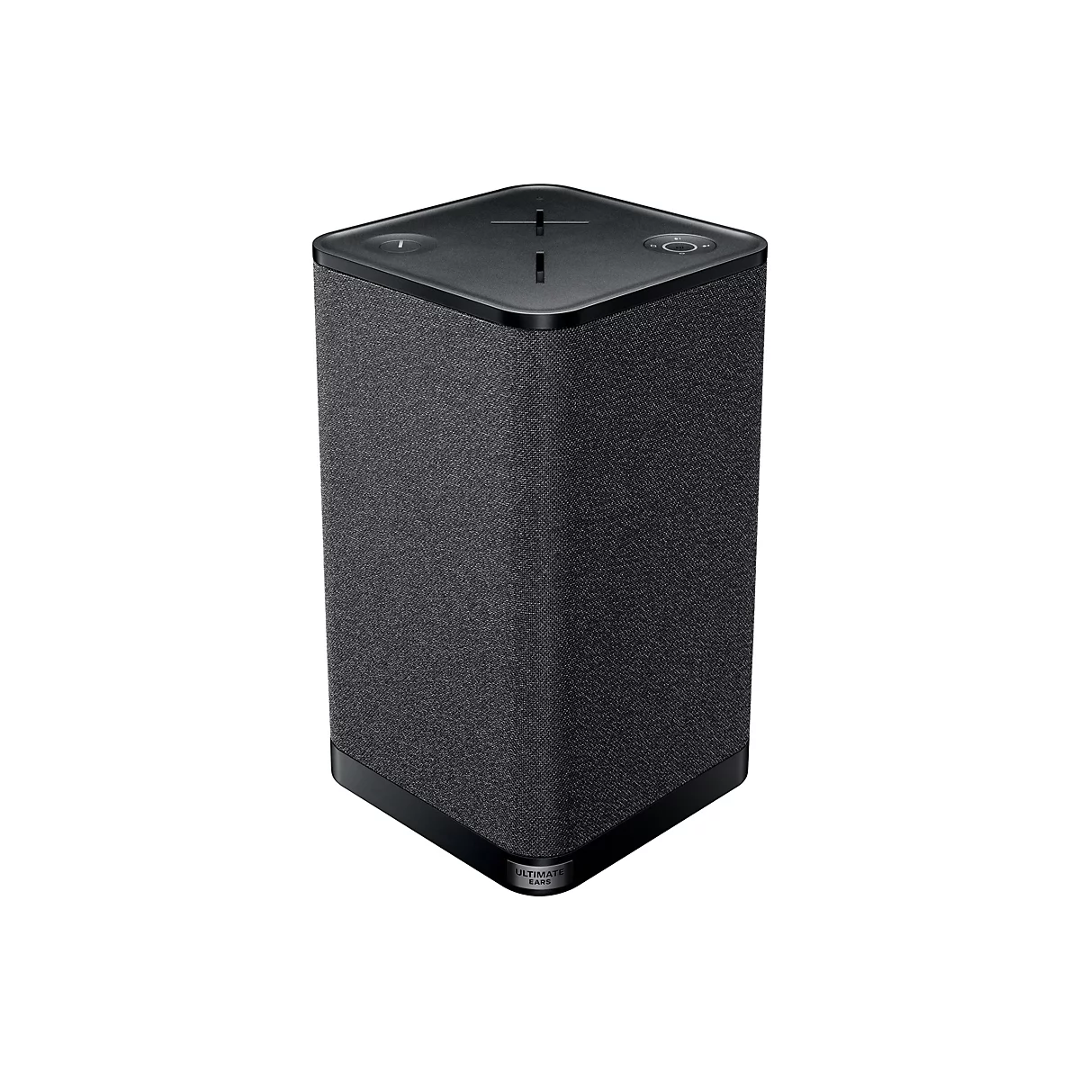 Ein schwarzer, rechteckiger Lautsprecher vor weißem Hintergrund. Oben befinden sich Bedienelemente.