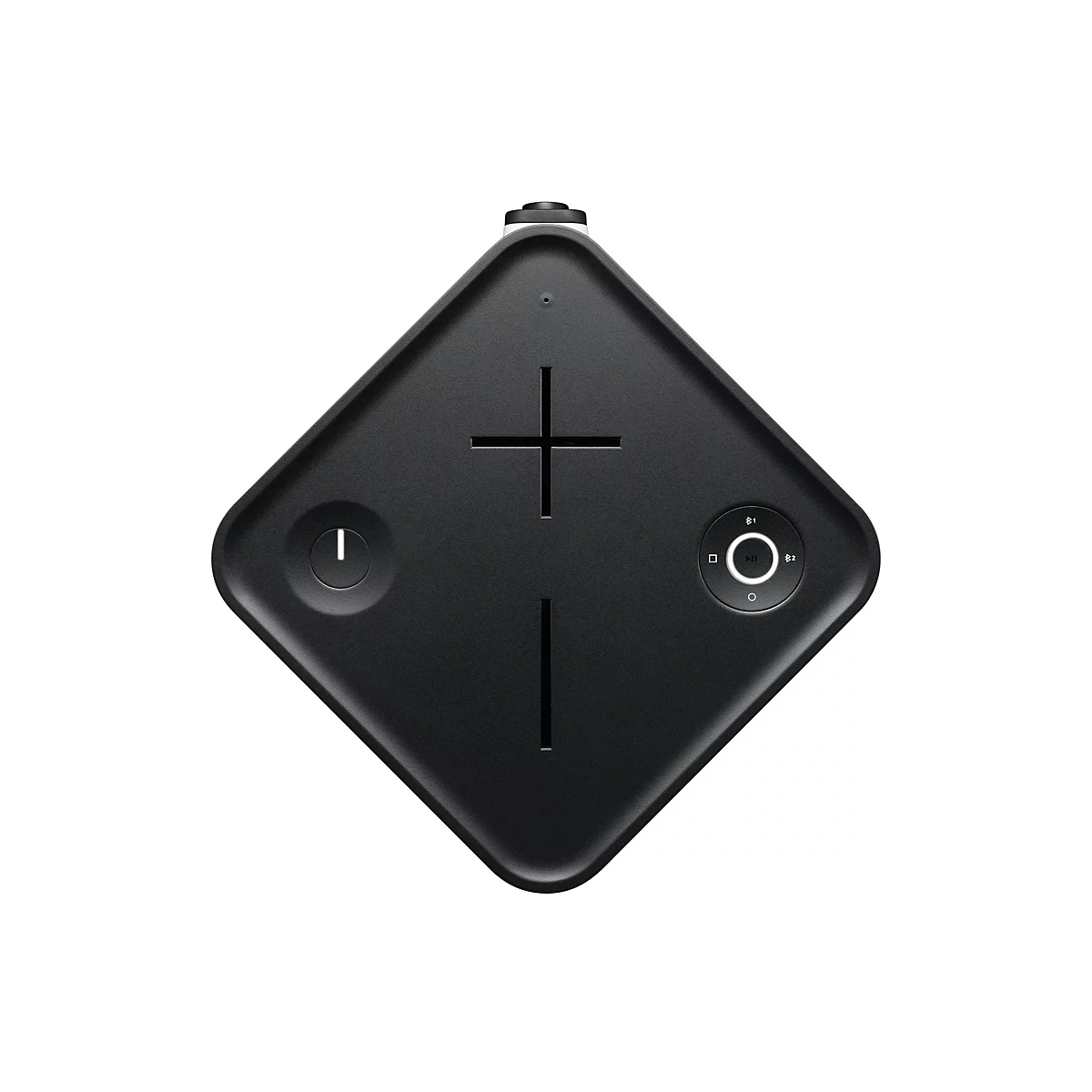 Draufsicht auf einen schwarzen, rautenförmigen Lautsprecher mit Bedienelementen.