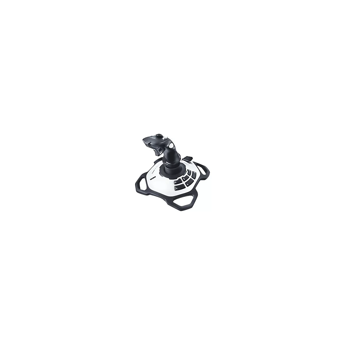 Joystick noir et blanc pour jeux vidéo avec plusieurs boutons.