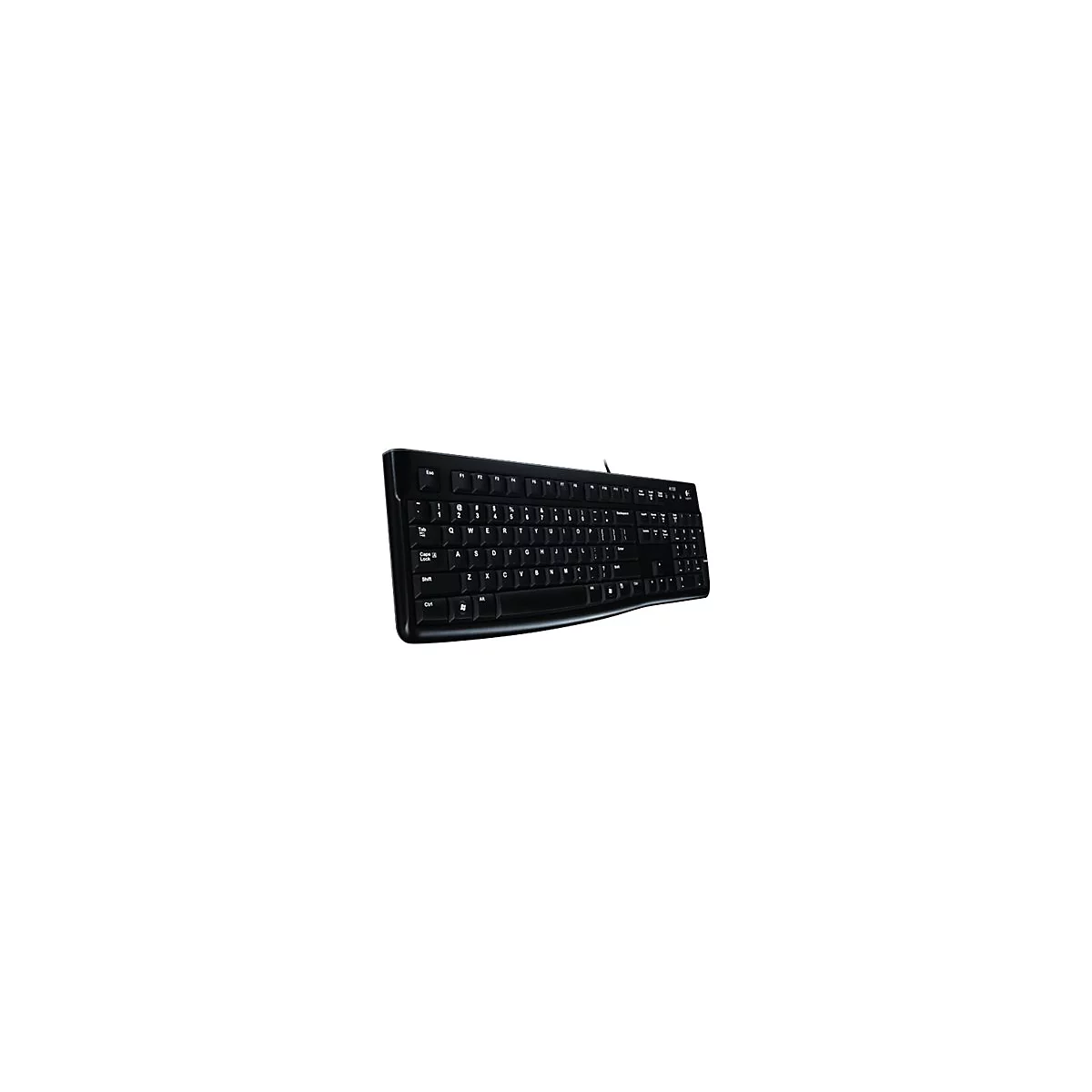 Schwarze Tastatur mit weißen Buchstaben, Kabelanschluss. Auf der Tastatur sind die üblichen Buchstaben und Sonderzeichen zu sehen.
