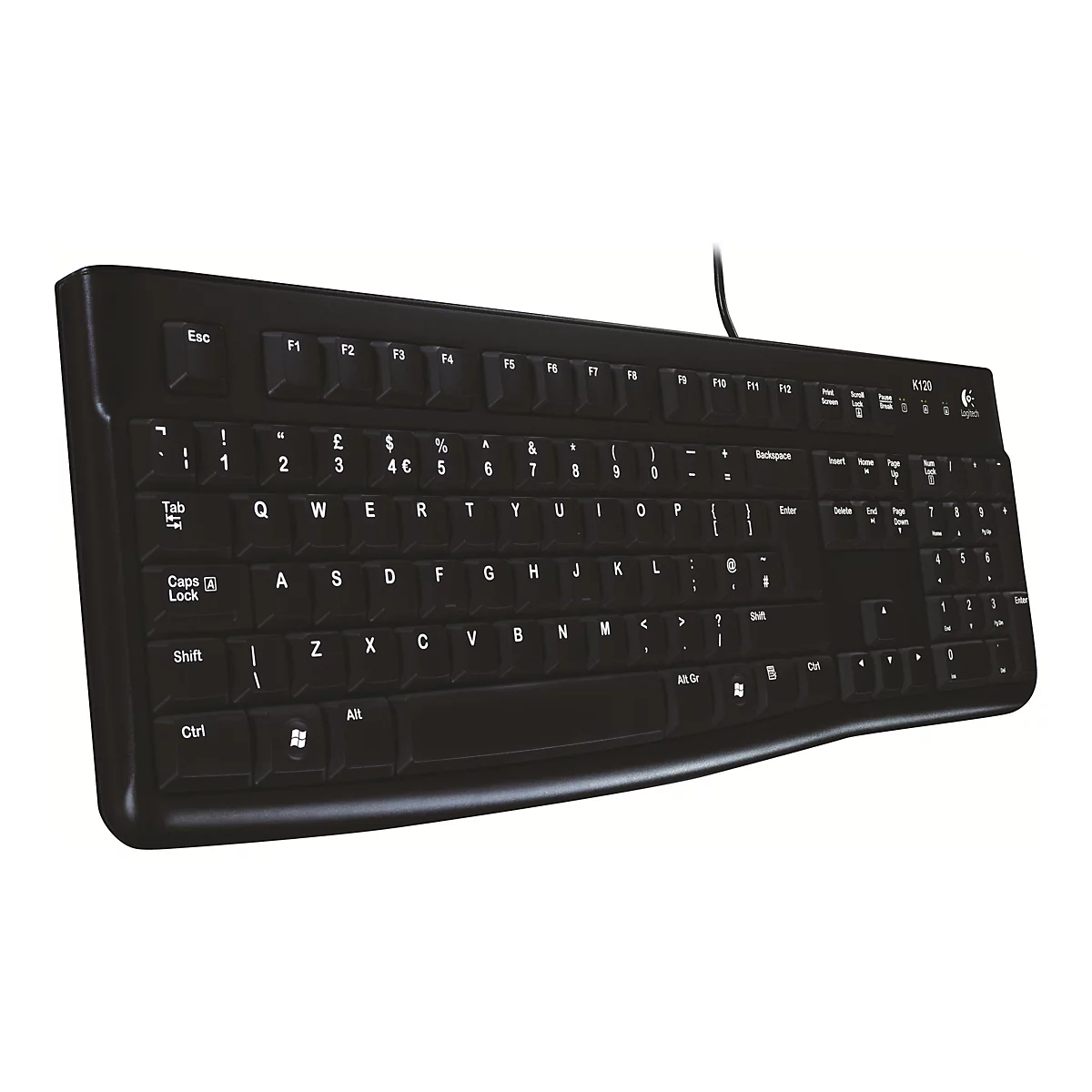 Schwarze Logitech K120 Tastatur in Perspektive vor weißem Hintergrund.