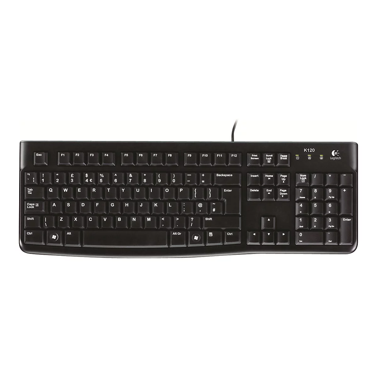 Schwarze, kabelgebundene Logitech K120 Tastatur mit vollständigem Tastenlayout auf weißem Hintergrund.