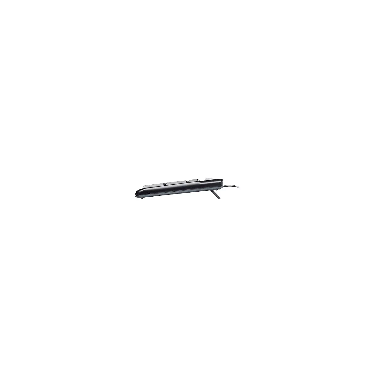 Schwarze Tastatur von der Seite gesehen, teilweise angehoben. Kabelanschluss.