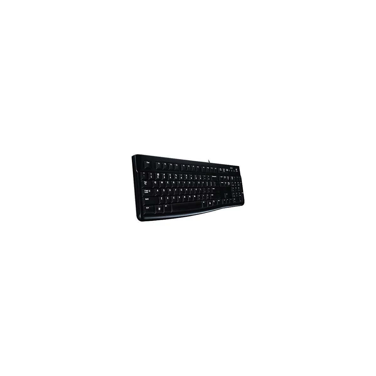 Schwarze Tastatur mit weißen Buchstaben und Zahlen auf weißem Hintergrund.
