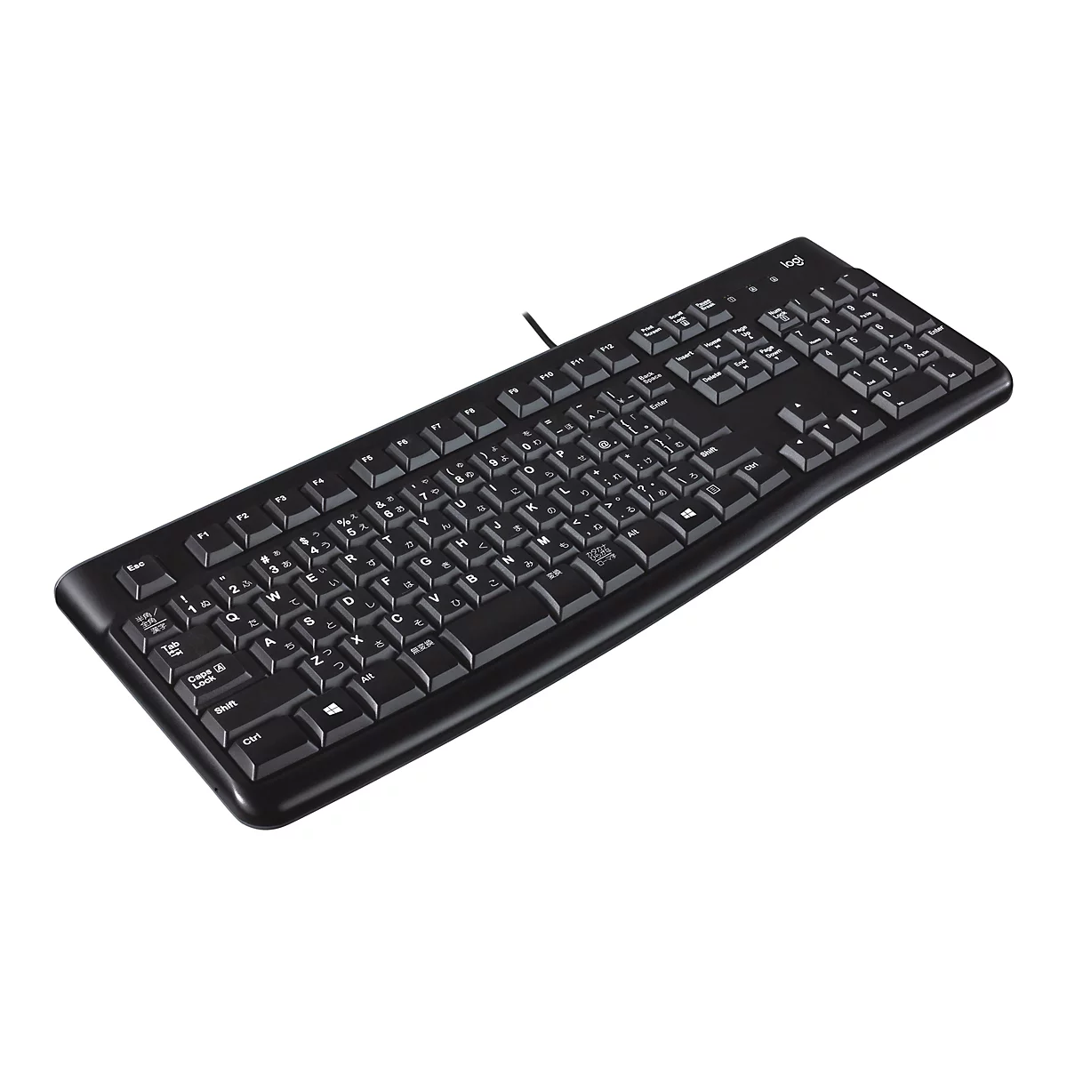 Schwarze Logitech-Tastatur mit japanischem Layout vor weißem Hintergrund. Alle Tasten sind beschriftet, inkl. Sonderzeichen und japanischer Schriftzeichen.