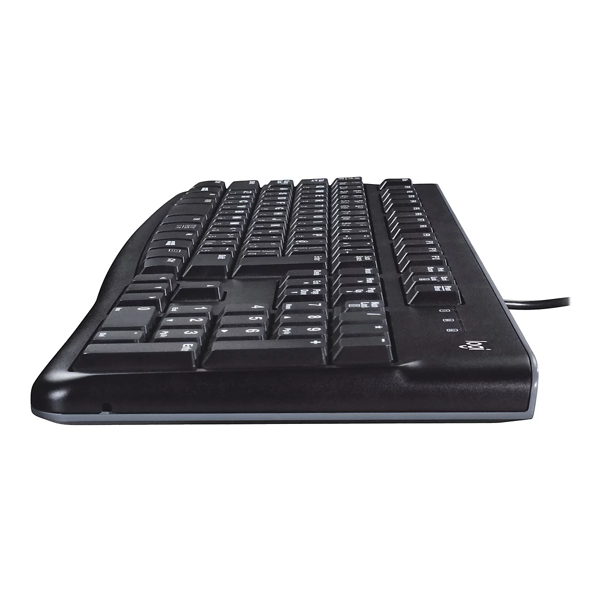 Schwarze Computertastatur in Seitenansicht auf weißem Hintergrund. Tastenbeschriftung, Logitech-Logo.