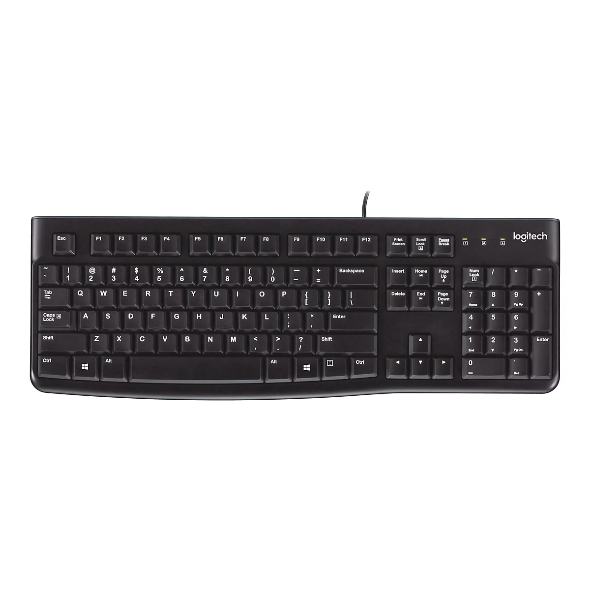 Schwarze Logitech-Tastatur auf weißem Hintergrund. Die Tastatur hat schwarze Tasten mit weißen Beschriftungen.