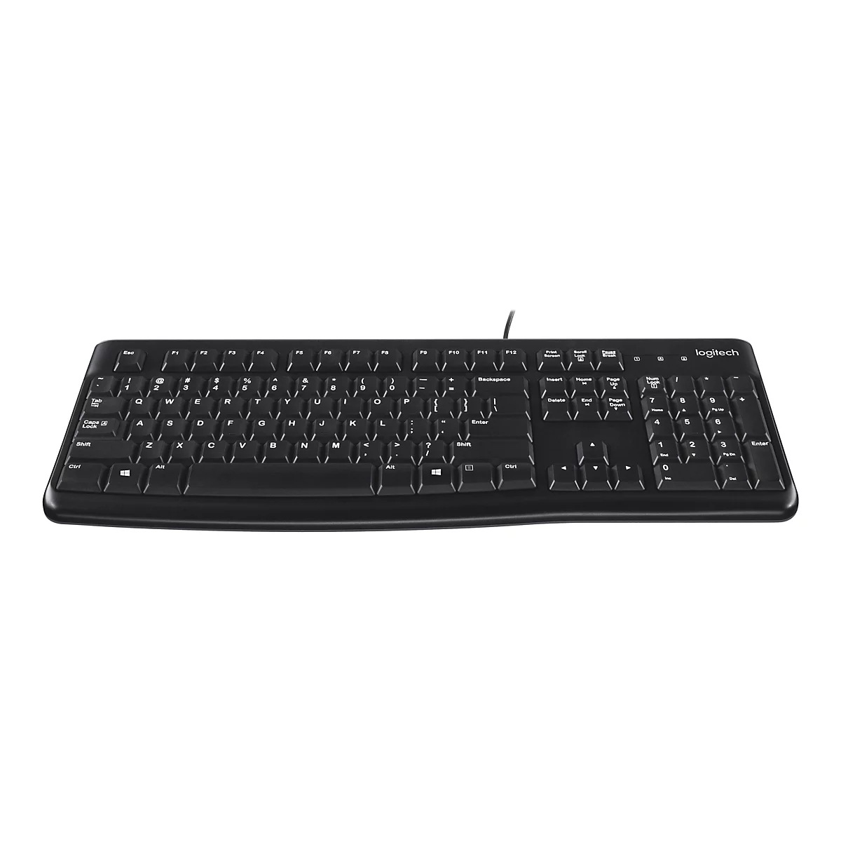 Schwarze Logitech-Tastatur, von oben fotografiert. Tastenbeschriftungen sind weiß. Das Logitech-Logo befindet sich oben rechts.