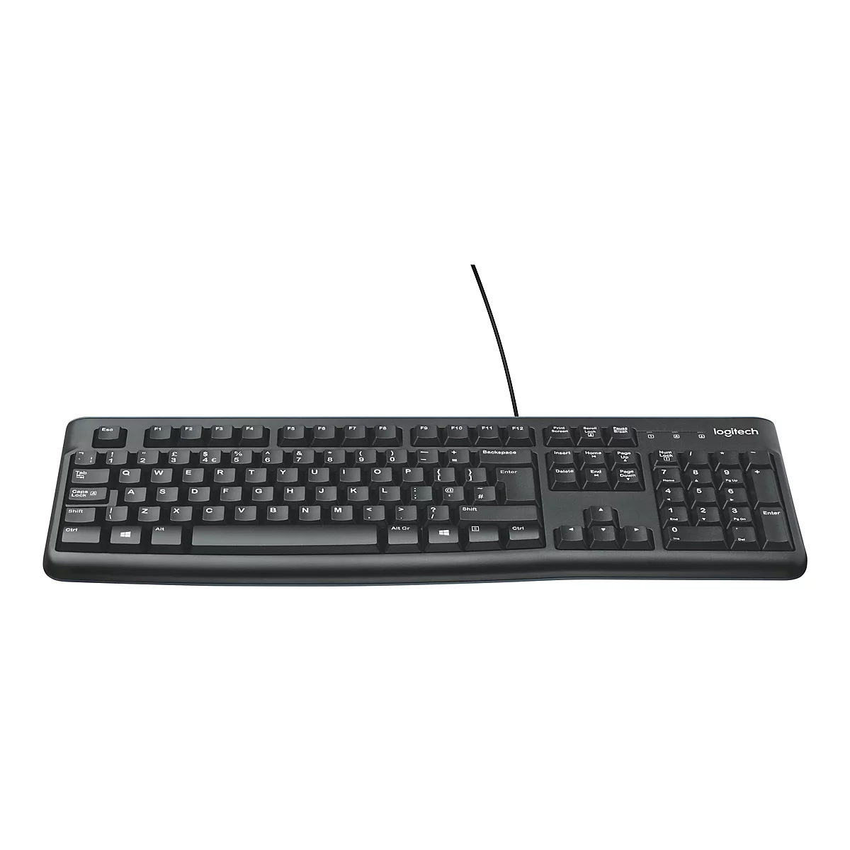 Schwarze Logitech-Tastatur, Kabel nach oben gerichtet. Buchstaben, Zahlen und Sonderzeichen auf den Tasten. Logo rechts oben.