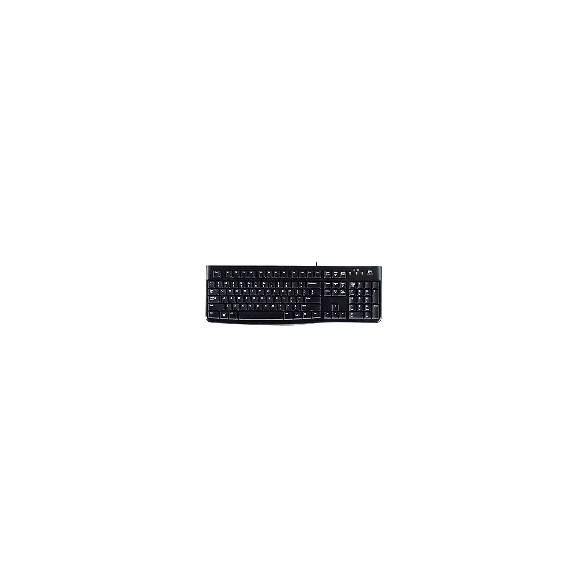 Schwarze, kabelgebundene Logitech K120 Tastatur mit QWERTZ-Layout auf weißem Hintergrund.