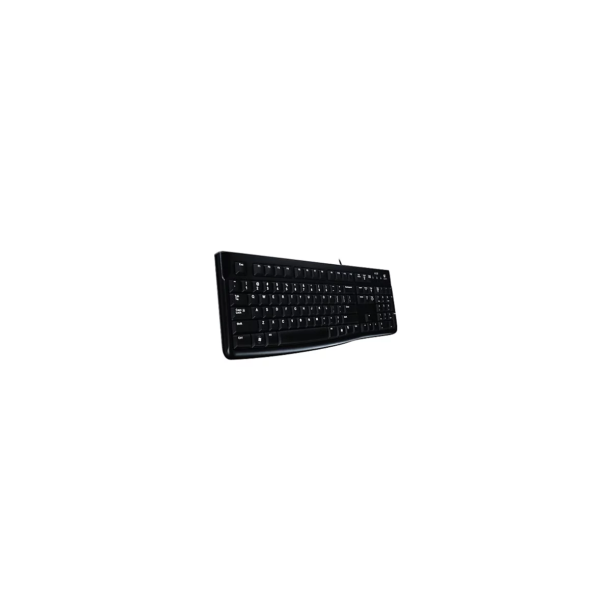 Schwarze kabelgebundene Logitech K120 Computertastatur in Seitenansicht vor weißem Hintergrund.