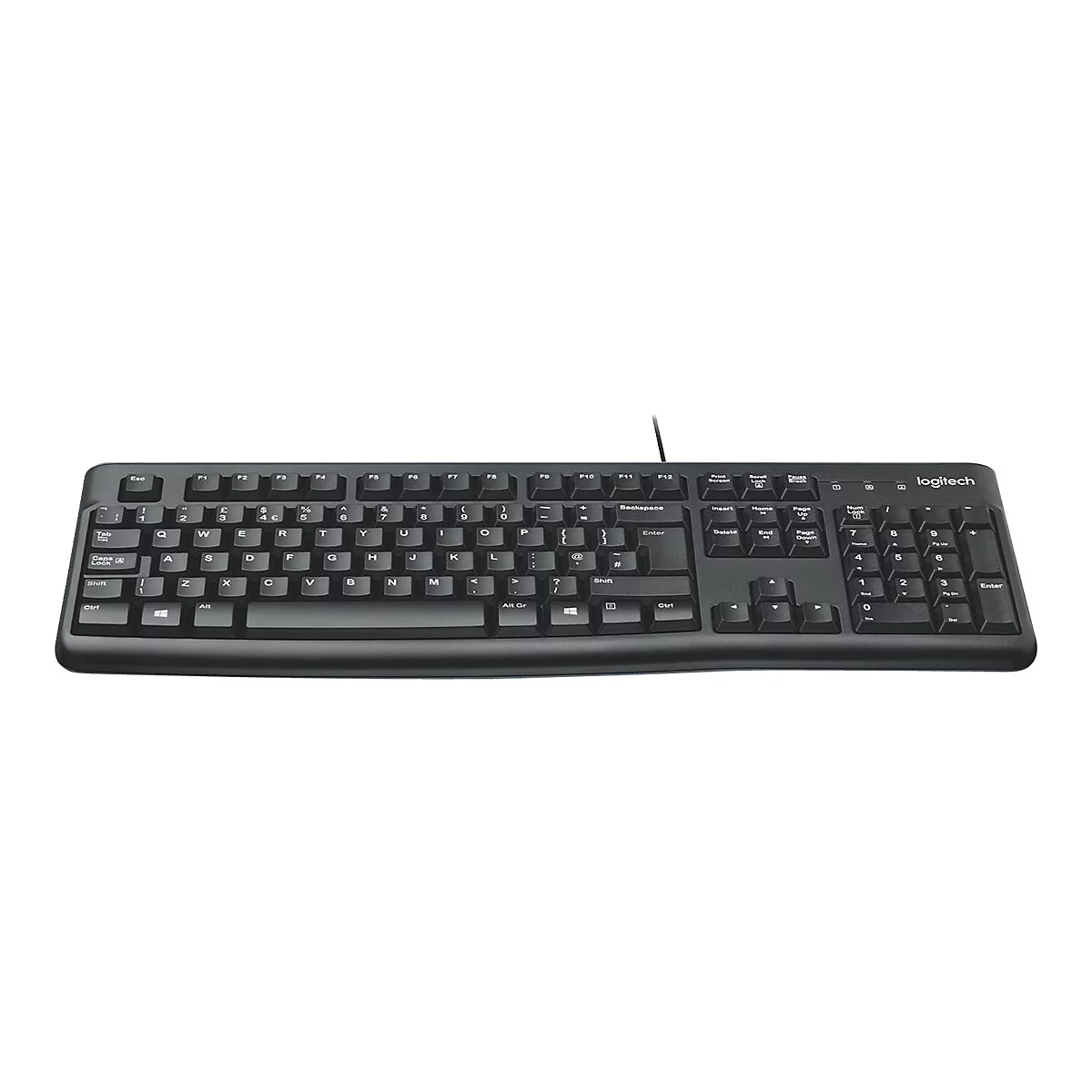 Schwarze Logitech-Tastatur, Tasten mit weißer Beschriftung. Oben befinden sich Funktionstasten, Nummernfeld rechts.