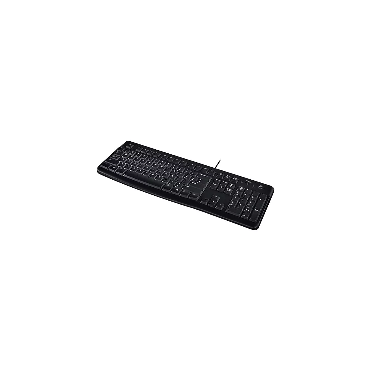 Schwarze Tastatur mit weißen Buchstaben und Ziffern auf hellem Hintergrund. Kabelanschluss rechts oben.