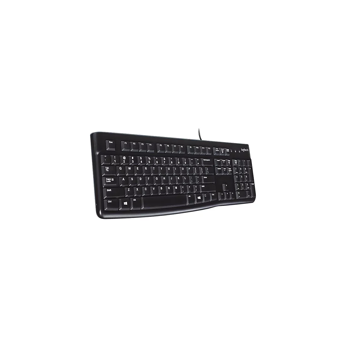 Schwarze Logitech-Tastatur, Draufsicht. Buchstaben, Zahlen und Funktionstasten sind deutlich erkennbar. Das Logo befindet sich oben rechts.