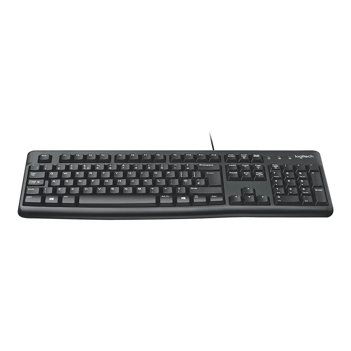 Schwarze Logitech-Tastatur, Draht angeschlossen. Buchstaben und Symbole auf den Tasten.