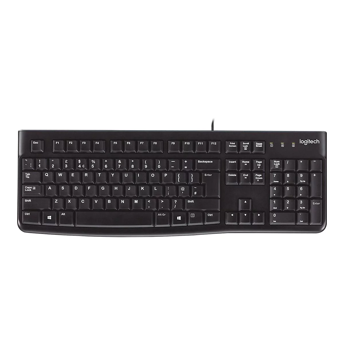 Schwarze Logitech-Tastatur mit Beschriftung der Tasten in Weiß. Auf der rechten Seite befindet sich ein Nummernblock.
