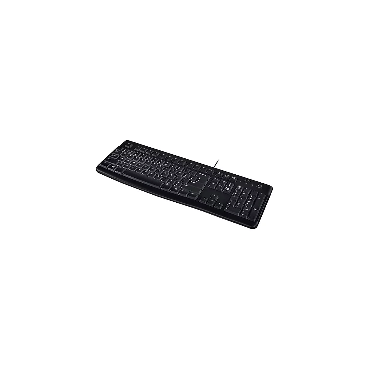 Schwarze Tastatur mit weißen Tasten vor weißem Hintergrund. Das Logitech-Logo ist rechts oben zu sehen.
