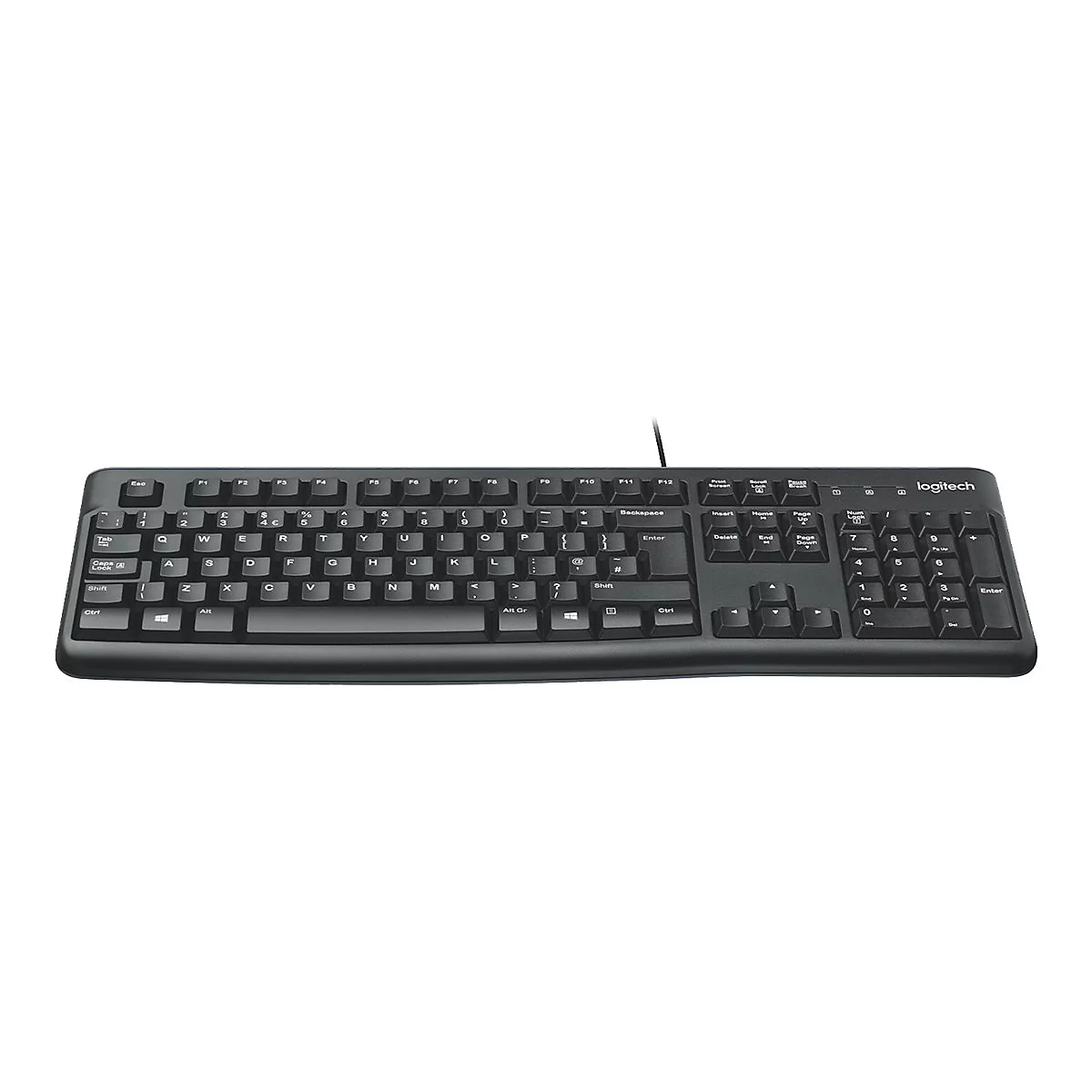 Schwarze Logitech-Tastatur, Draufsicht. Buchstaben, Zahlen und Sondertasten sind beschriftet.