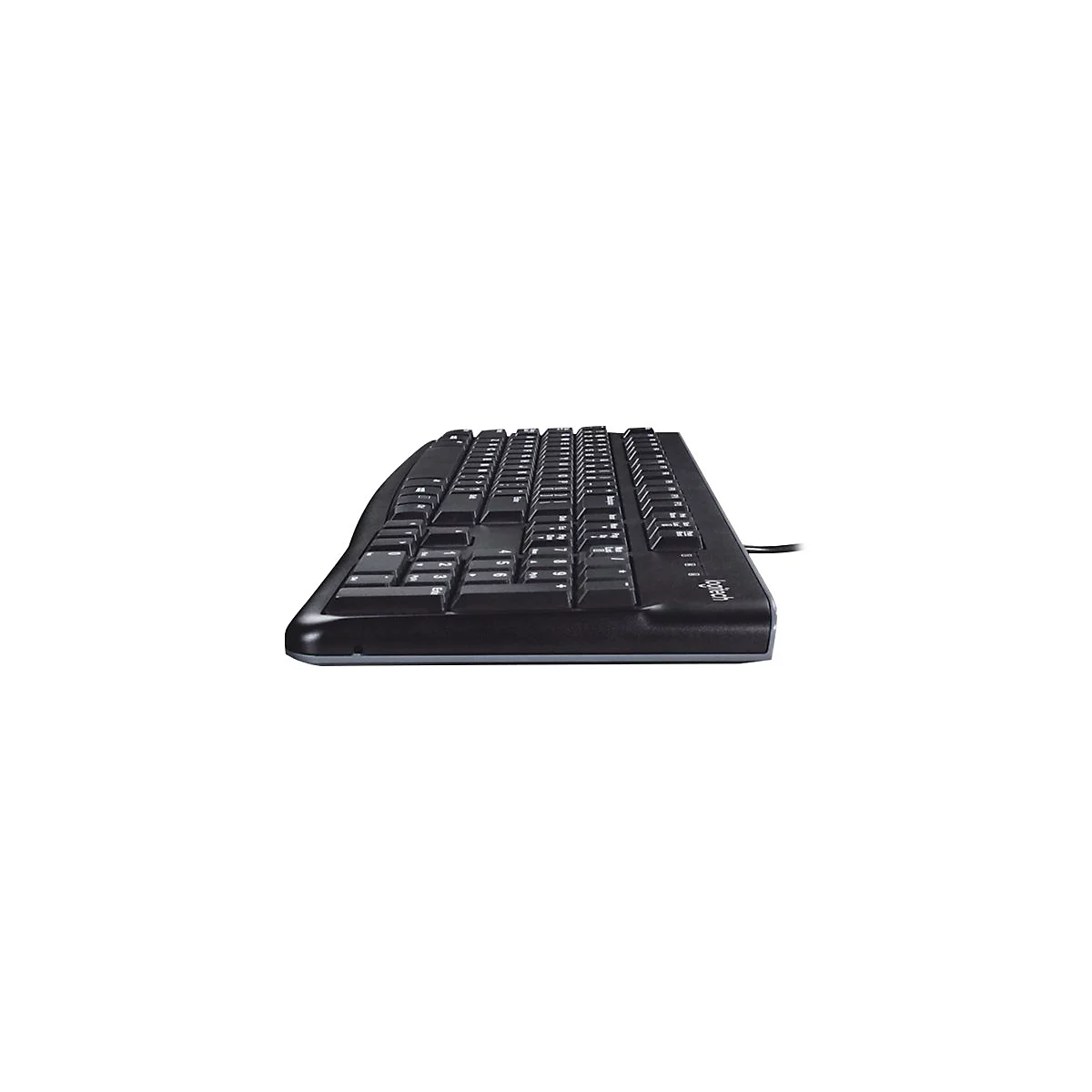 Schwarze Computertastatur, leicht von oben gesehen, mit Logitech-Logo.