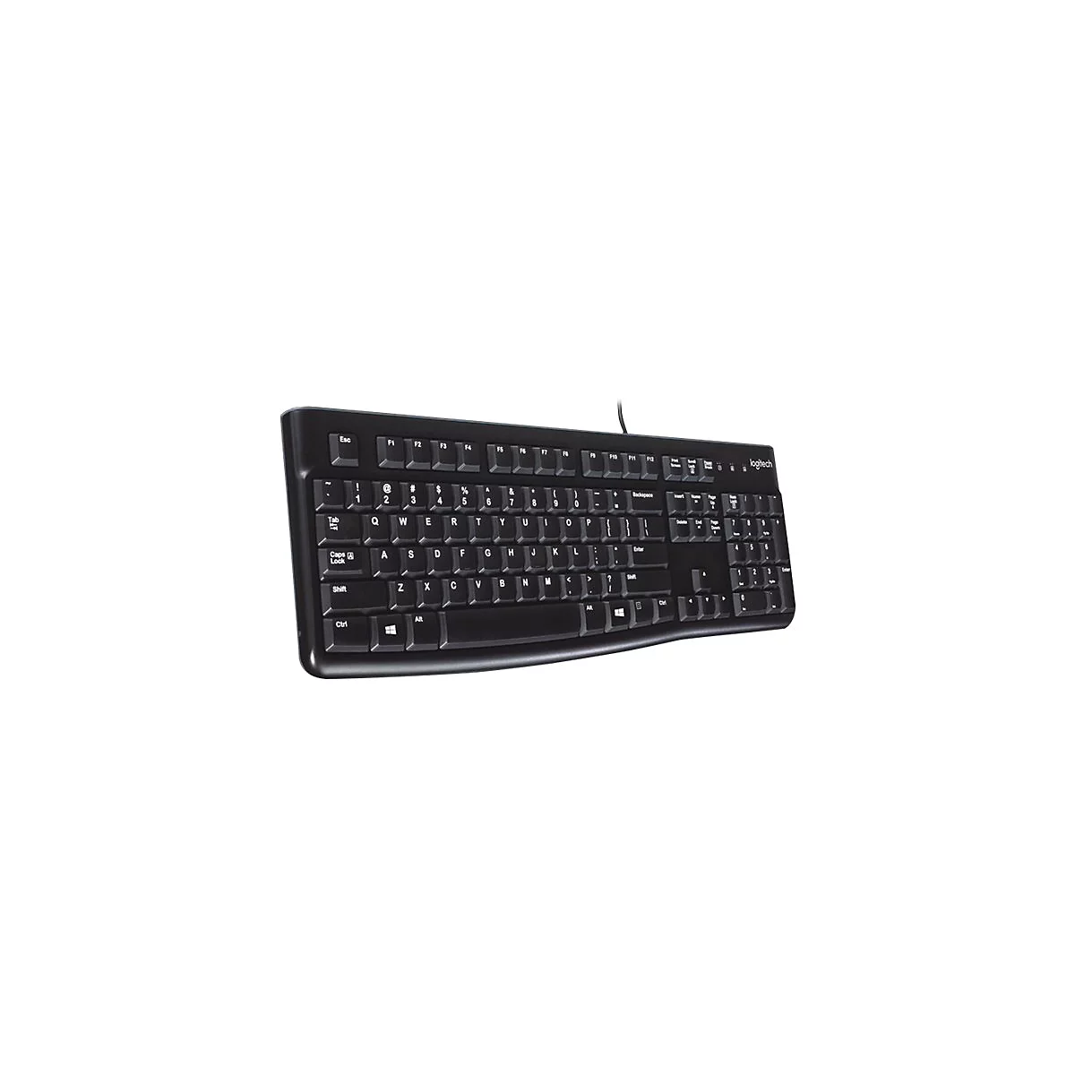 Schwarze Logitech-Tastatur, von oben fotografiert, mit Beschriftung auf den Tasten.
