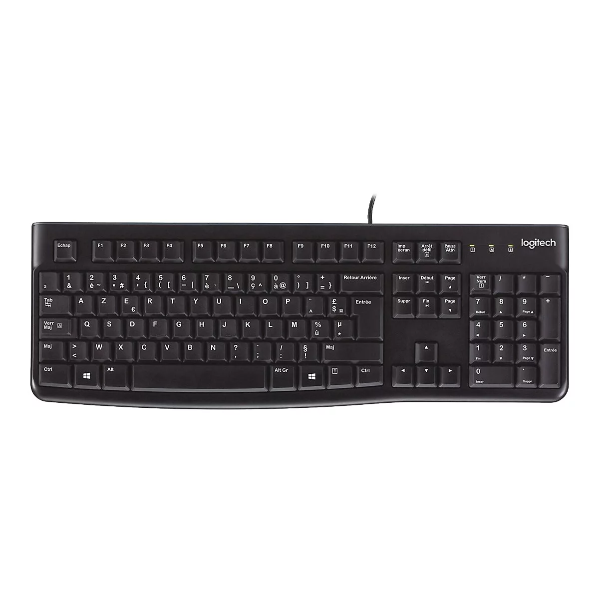 Schwarze Logitech-Tastatur mit weißen Buchstaben und Zahlen. Oben stehen Funktionstasten, daneben ein Nummernblock.