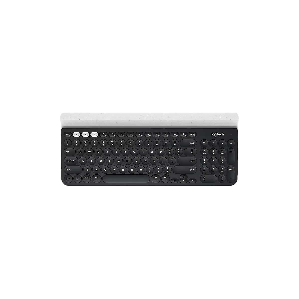 Drahtlose Logitech-Tastatur, schwarz, mit hellgrauem oberen Rand und weißen Tastenbeschriftungen.