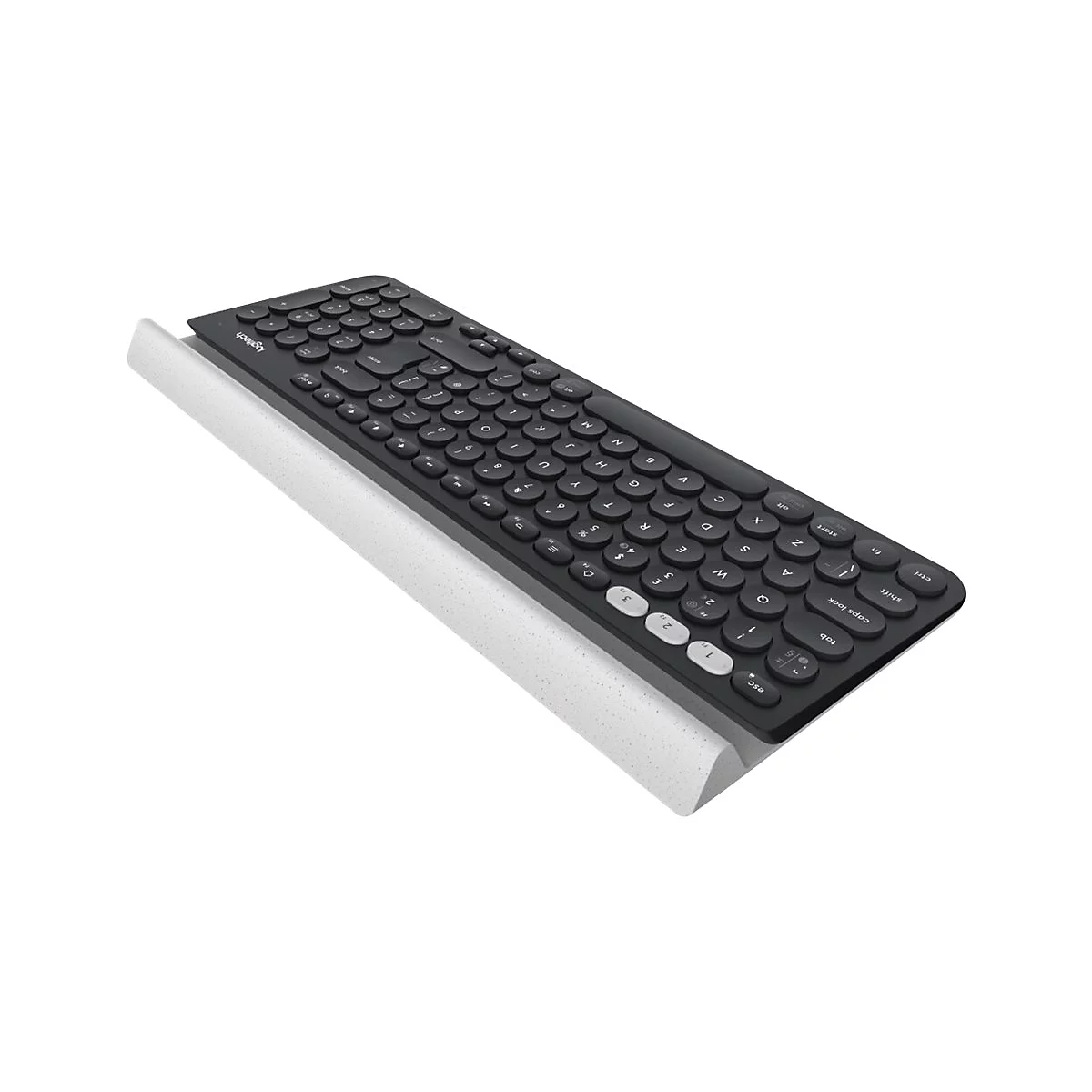 Schwarze Logitech-Tastatur auf weißer Auflage. Die Buchstaben und Symbole sind weiß, die Tasten rund.