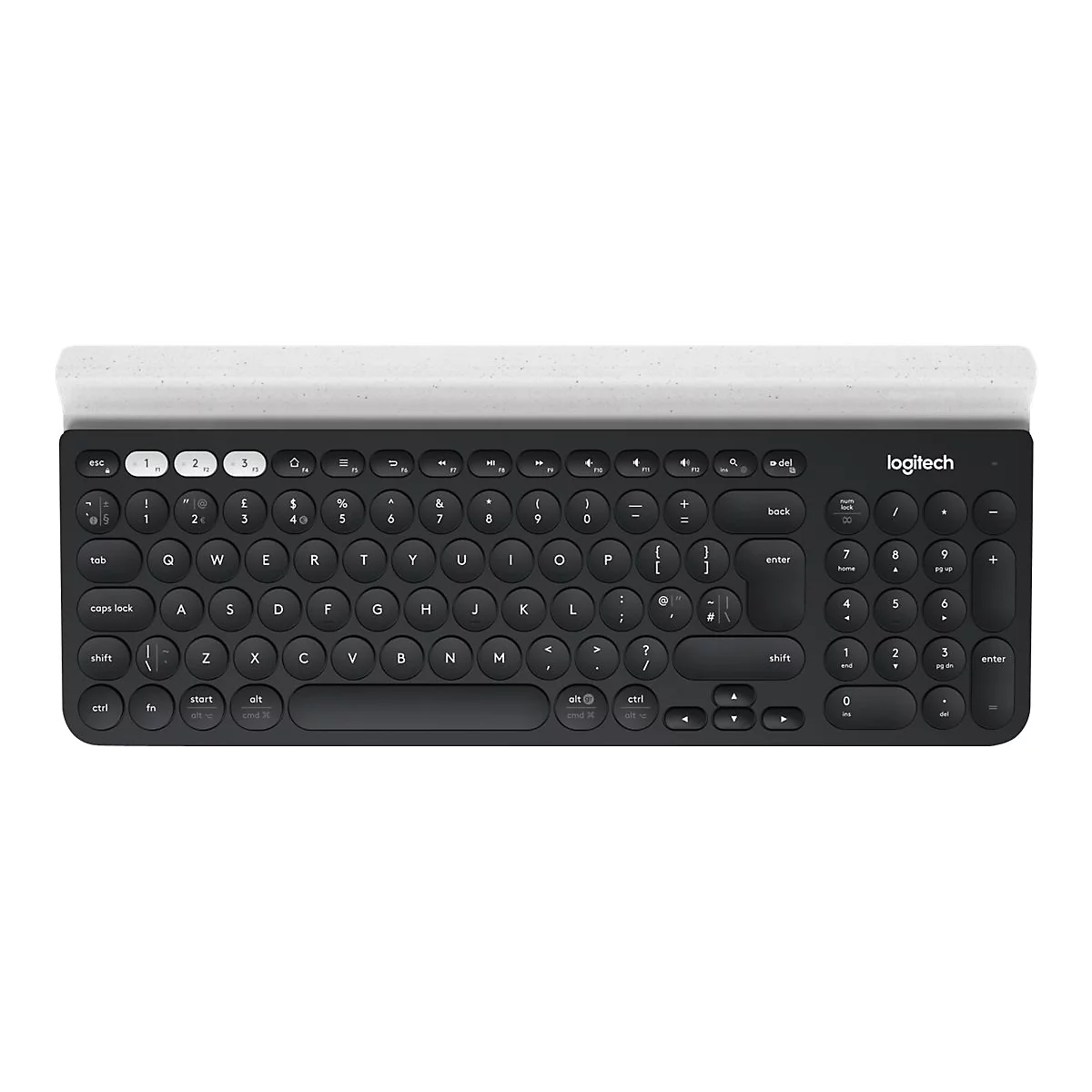 Draufsicht auf eine kabellose Logitech-Tastatur in Schwarz und Weiß mit runden Tasten. Die Tastatur hat eine helle, marmorierte Leiste oben.