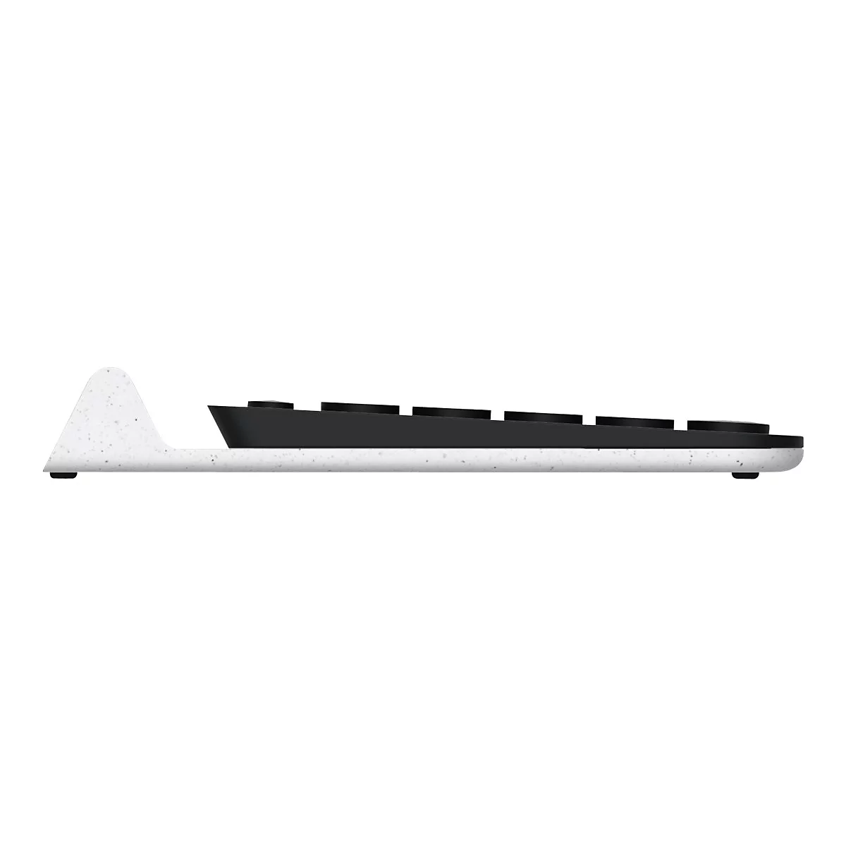 Seitenansicht einer Tastatur. Weißer, gefleckter Korpus mit schwarzen Tasten.