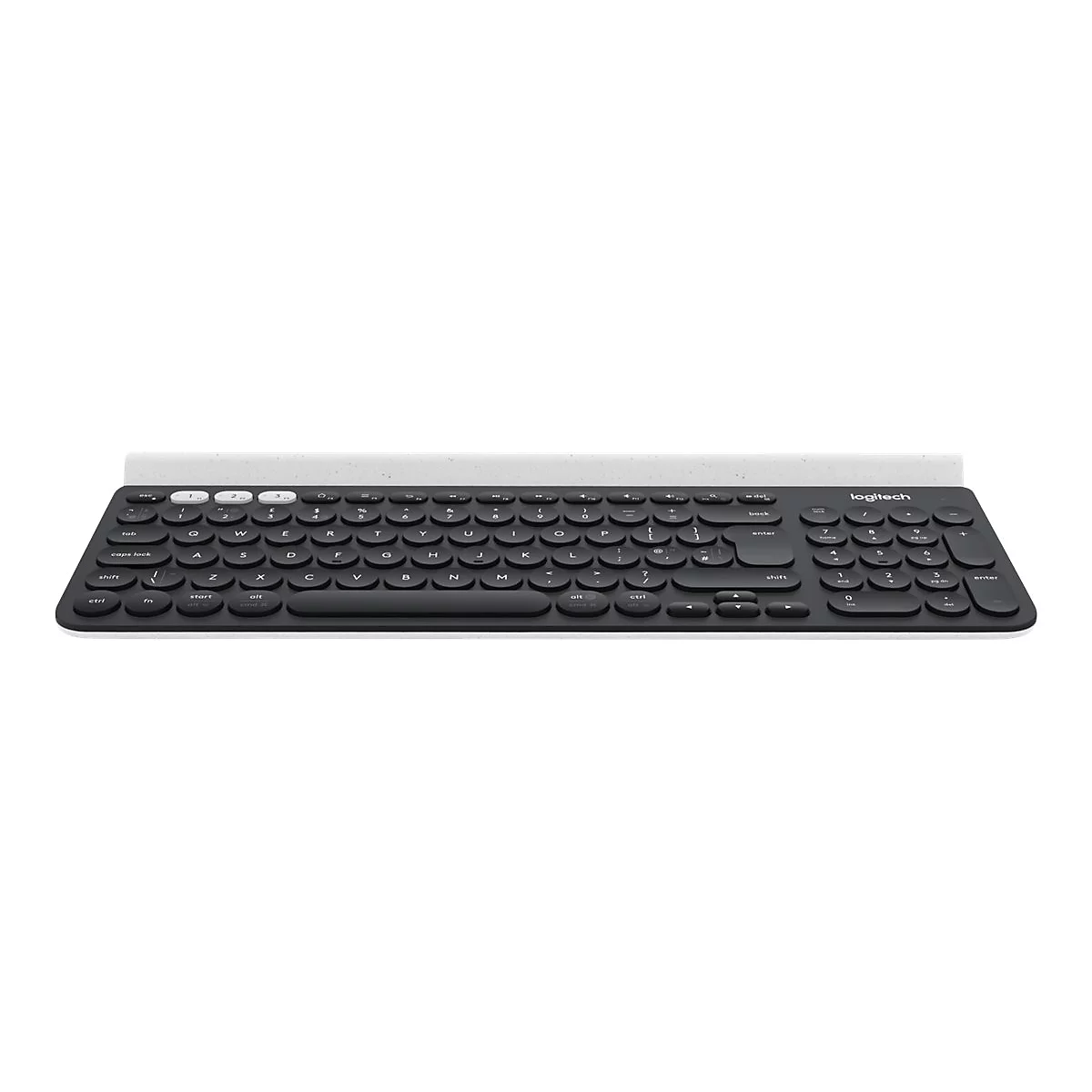 Drahtlose Logitech-Tastatur, schwarz mit weißer Rückseite. Runde Tasten, seitliche Beschriftung. Die Marke Logitech ist sichtbar.