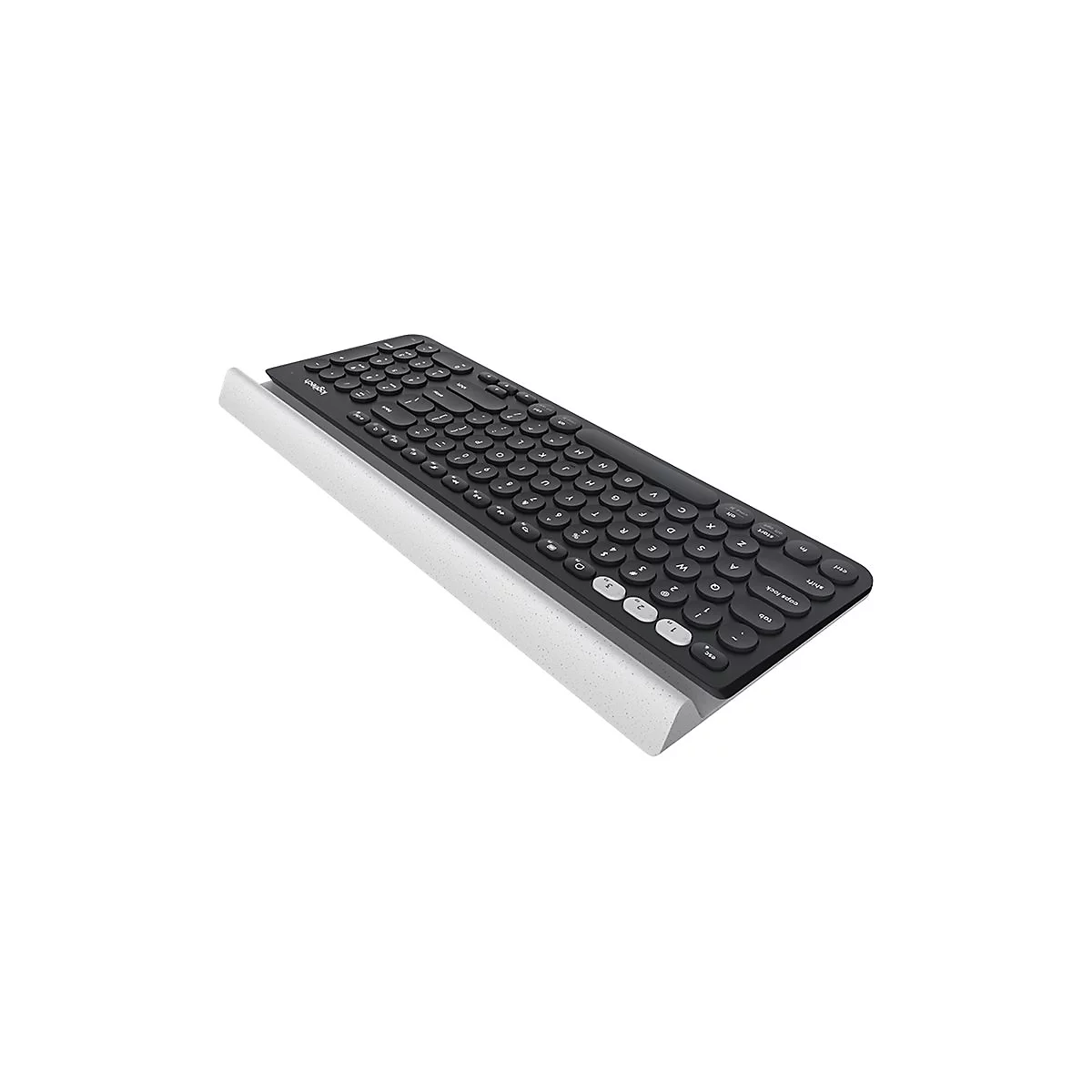 Schwarze Tastatur mit weiÃŸer Handballenauflage, diagonale Ansicht vor weiÃŸem Hintergrund. Die Tasten sind rund und flach.
